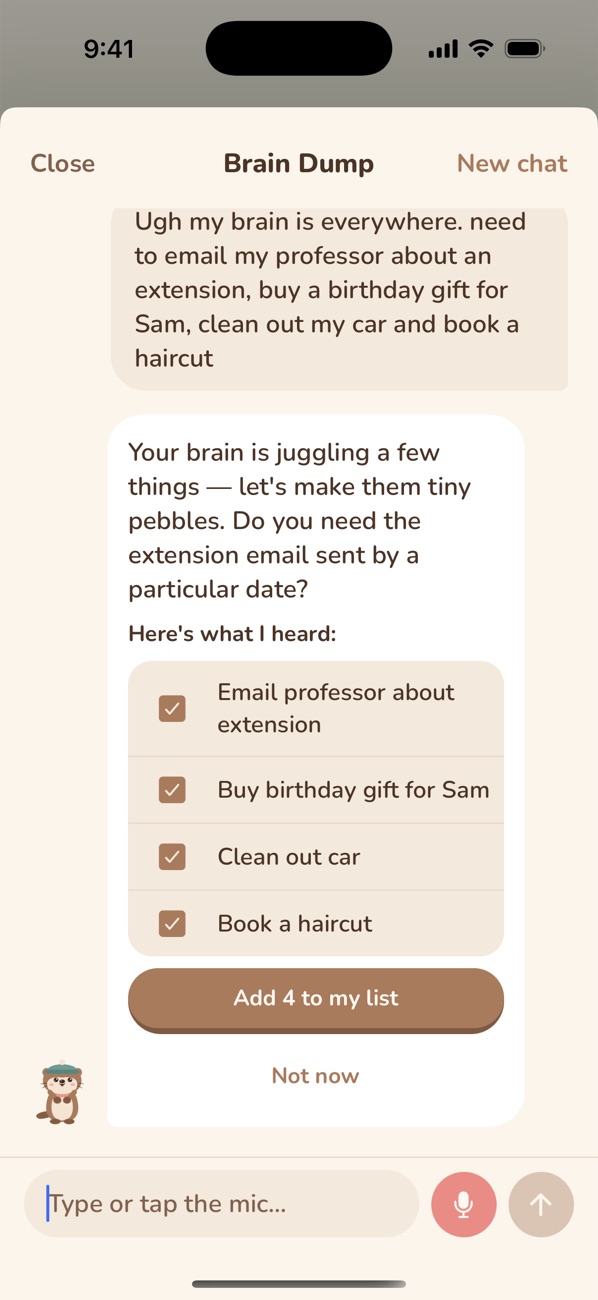 Brain Dump: a messy message turned into four tasks with an Add button