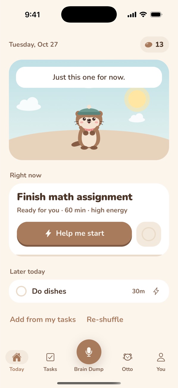 Today's plan: one task right now with Help me start, one later