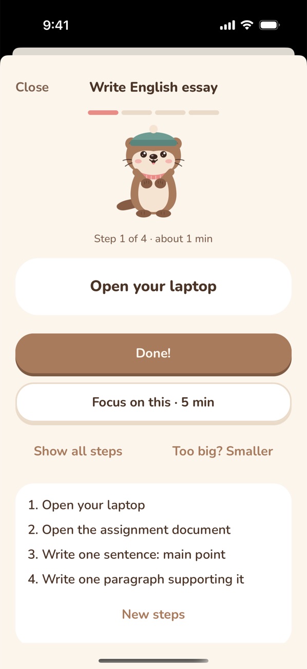 Help me start: 'Open your laptop' as step 1 of 4, with all four steps listed